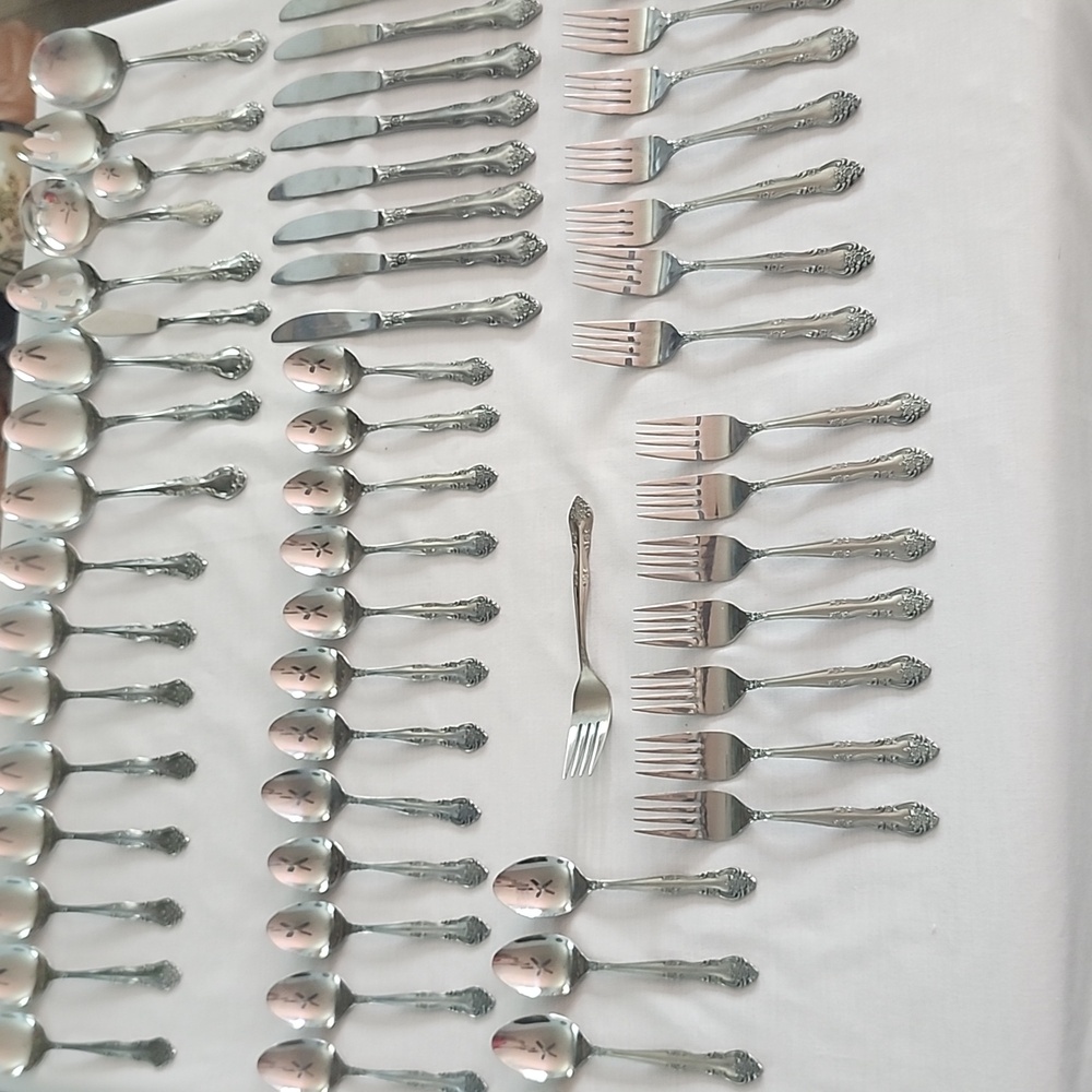 57 Piece Set RODGERS Co. Rose Bud Stainless Steel Japan Flatware Serving 1975